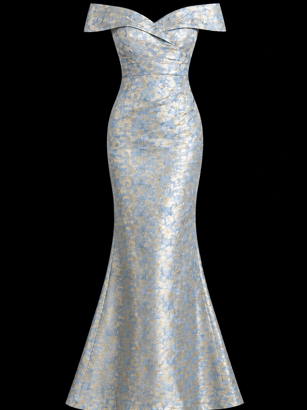 Azazie One-Shoulder Blue and Gold Jacquard Mermaid Gown
